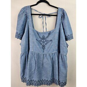 Old Navy Womens Top Size 4X Blue Chambray Embroidered Flutter Sleeve Smock Shirt